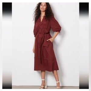 🆕 Evereve Evelyn 100% Cotton Midi Dress Henna with slip and fabric belt